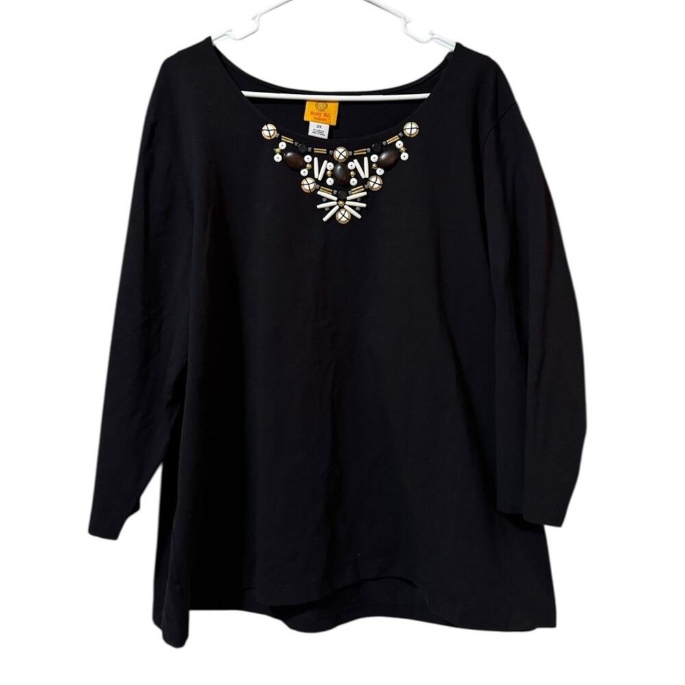 Ruby Rd Women Size 2X Embellished Blouse Black Beads Art Classic Office Business
